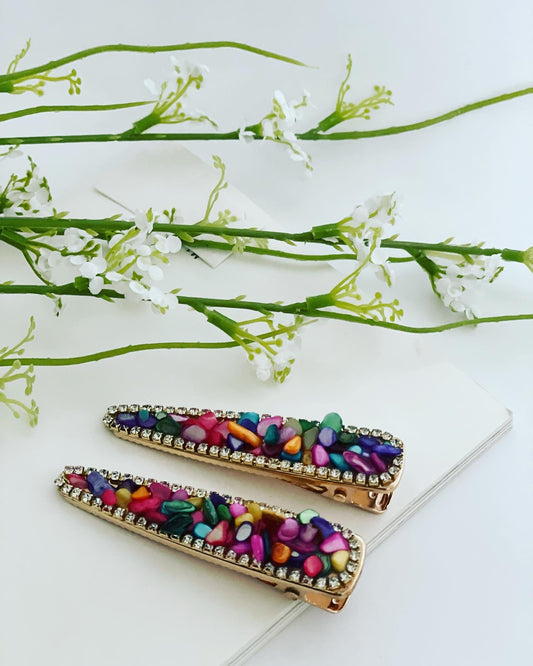 Multicolor pebble stone hair clips